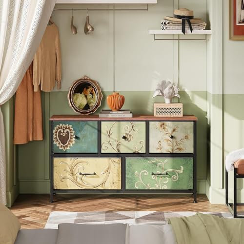 Anajqaqia - Kommode, Schubladen, Holzoptik, Vintage, Metallrahmen – Boho-Stil – Schlafzimmer, Wohnzimmer, Flur (Kommode mit 5 Schubladen: 100 x 30 x 55,2 cm)