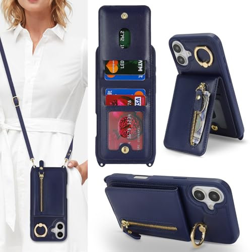 Zouzt for iPhone 16 Case with Cord and Card Holde, Zipper Wallet Case with Crossbody Lanyard Ring Adjustable Necklace Protective Cover Women for iPhone 16 6.1 Inch - Blue
