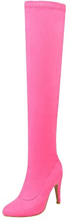 Stivali sopra il ginocchio da donna con tacco alto a spillo con tacco a spillo, stivali alti in pelle scamosciata, elasticizzati, lunghi e alti al ginocchio, eleganti stivali da donna, Rosa acceso.,