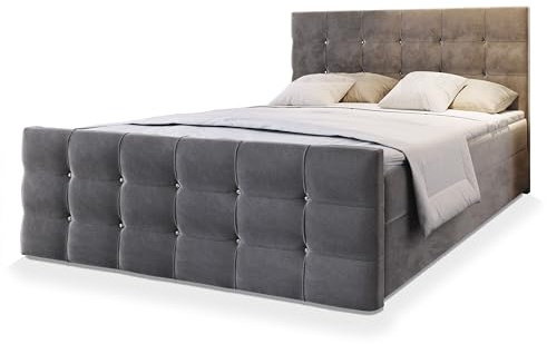 Masseno Boxspringbett Slat 160x200 cm Komplett-Set mit Matratze und Topper, Polsterbett mit Zwei Bettkästen -Grau, Cosmic 160