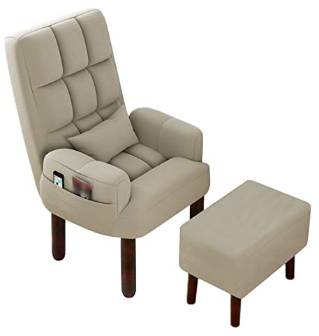 Fauteuil ergonomique avec repose-pieds - Chaise confortable avec pieds en bois - En coton et lin respirant - Fauteuil de bureau inclinable - Couleur beige