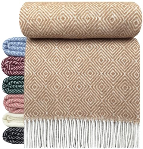 STTS International Wolldecke 100% Schurwolle Wohndecke 140 x 200 cm Tagesdecke Schurwolldecke Woll-Plaid Tirol in vielen Farben erhältlich (Beige (D-V))
