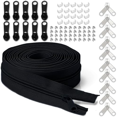 LHZHLE Durchgehende Reißverschlüsse Rolle zum Nähen: 9,1 m Armeegrün Nylon-Reißverschlussband mit 20 Schiebern (01 Schwarz, Nr. 3 Reißverschluss 9,15 m)