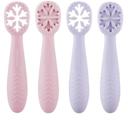 PandaEar 4er Set Lernlöffel für Baby, Starter Breilöffel Fütterlöffel Babylöffel Silikon Esslernlöffel Weich Flexibel Kinder Besteck BPA-frei für Säugling Kind Kleinkind ab 4 Monaten (Rosa Lila)