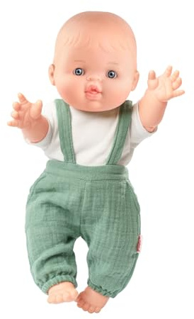 Heless 54021 - Jungen Babypuppe Gordi von Paola Reina, mit Musselin-Latzhose in Salbeigrün und einem weißen Shirt, aus Bio-Baumwolle, eine Puppe der Größe 34 cm
