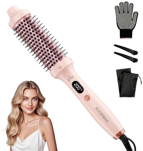 FLYZEMAA Thermobürste 38 mm - Runder Heizkamm für Volumen & Glanz, Rosa | Für Volumen, Glanz und präzises Pony-Styling, Anti-Frizz-Technologie, 3 Temperaturstufen, LCD-Display, EU-Plug Dual-Spannung