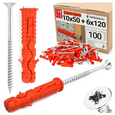 LUN FIX Dübel Set 10x50 mm mit Schrauben 6x120 mm 100 Stk Schrauben | Universaldübel, Schlagdübel, Hohlraumdübel, Dübel Schrauben Set für Beton, Ziegel, Gipskarton, Trockenbau