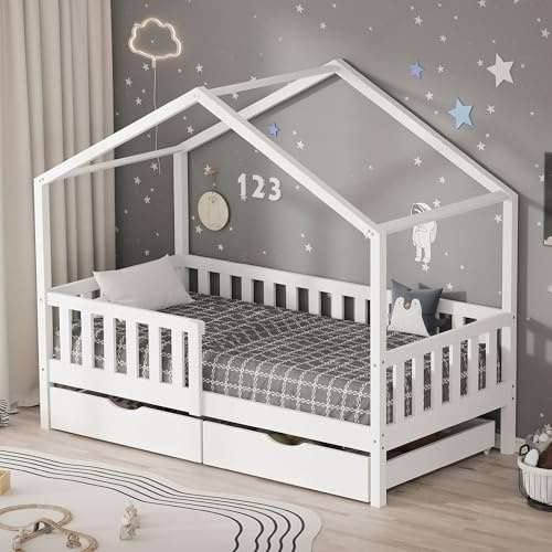 ML-Design Kinderbett Hausbett 80x160 cm Weiß mit 2 Schubladen, Holzbett mit Rausfallschutz, Lattenrost und Dach, Spielbett aus Kiefernholz für Kinder, Montessori Bodenbett Bettgestell Bettenhaus Bett