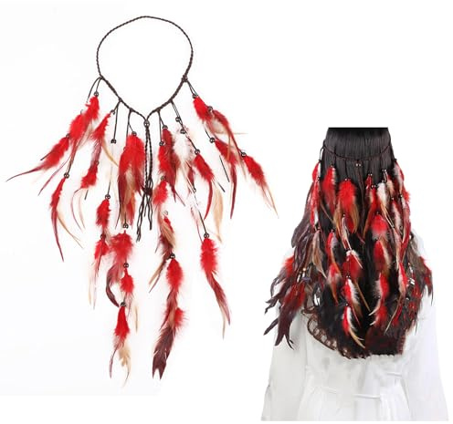 JK Home Bandeau Plume Indien Chaîne Cheveux Coiffure Femme | Serre-tête Tribal avec Perles Adjustable Halloween Fête Plage Carnaval