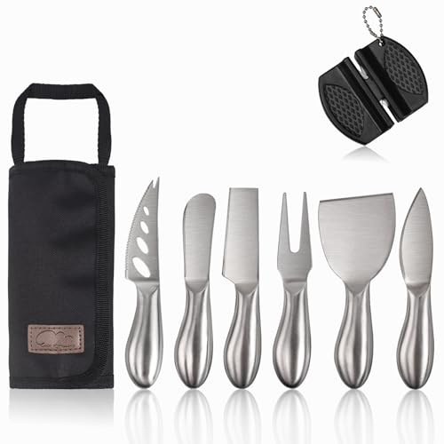 6-Piece Cheese Knife Set, Premium Stainless Steel Cheese Knives for Charcuterie Board for Cutting Hard Medium Soft Cheese, Mini Metal Cheese Cutter Knife Butter Knife with Storage Bag Gift Set