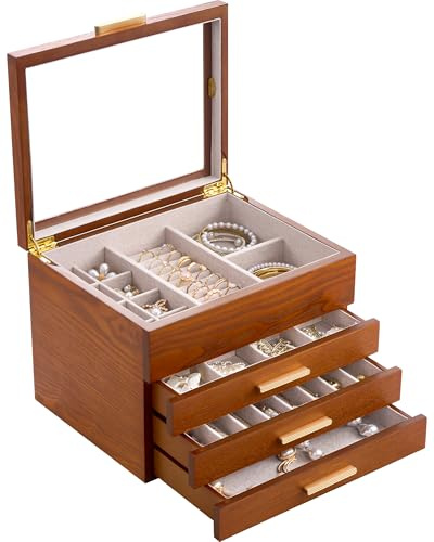Lolalet Holzmaserung Schmuckkästchen, Groß Schmuckaufbewahrung mit durchsichtige Fenster, Schmuckschatulle Schmuckbox für Ohrringe Armbänder Halsketten Ringe –Kirsche, 4 Ebenen