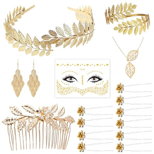 Werownsgso 17 Stück Griechische Göttin Kostüm Zubehör Hochzeit Schmuck Haar Krone Boho Blatt Halskette Ohrringe Oberarm Armbänder Gesichtstattoo Greek Goddess Costume für Karneval Hochzeit Damen Mädch