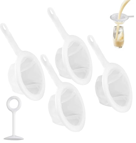 Sugfews 4 Stück Feines Sieb, Feines Küchen Siebfilter, 100/200/300/400 Mesh Nylon Sieb Küche Griff, 1 Plastik Druckstange, Ultrafines Mesh Sieve für Saft, Milch, Wein und Kaffee
