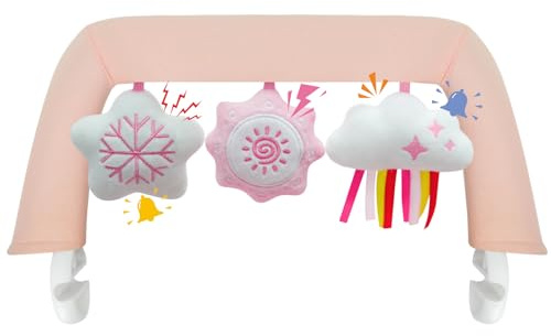 iGRATENS Babywippen-Spielzeugstange, Spielzeugstange für Babywippen Bliss und Balance Soft mit 3 Stück niedlichen sensorischen Spielzeugen, hautfreundlich, maschinenwaschbar, rosa und weiß, weich