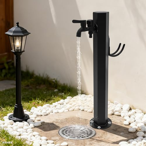 Colonne d'eau de jardin - Robinet extérieur en acier inoxydable - Point de distribution d'eau moderne avec robinet d'écoulement et support de tuyau (B)