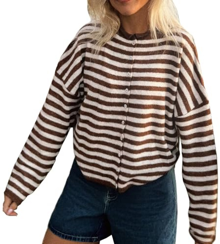 QLQLWDD Womens Striped Cardigan Knitted Button Up Sweaters Crewneck Oversized Loose Knitwear Vintage Y2k