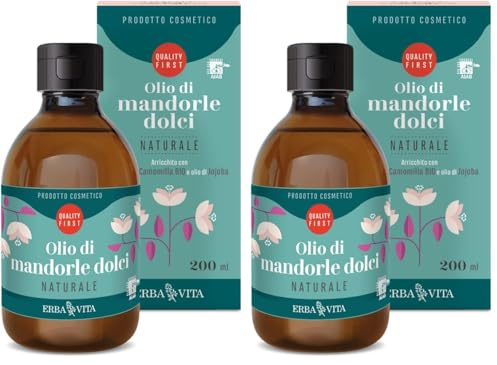 ERBA VITA Olio di mandorle dolci Naturale arricchito con estratto di camomilla emolliente e lenitivo per la pelle (Confezione da 2)