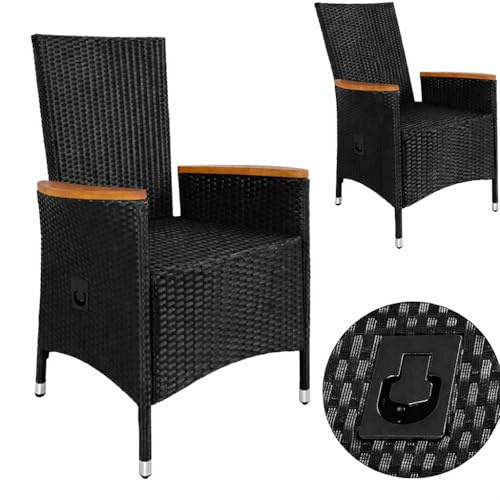 Casaria® Polyrattan Gartenstuhl 2er Set Neiglehner Rückenlehne verstellbar Armlehne Akazienholz Wetterfest Garten Balkon Terrasse Gartensessel Schwarz