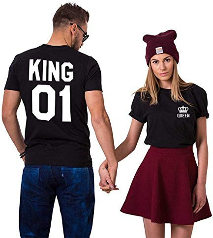 King Queen Shirt Couple Shirt Pärchen T-Shirt Paar Tshirt König Königin Kurzarm 1 Stück, Schwarz-Queen, Gr.S