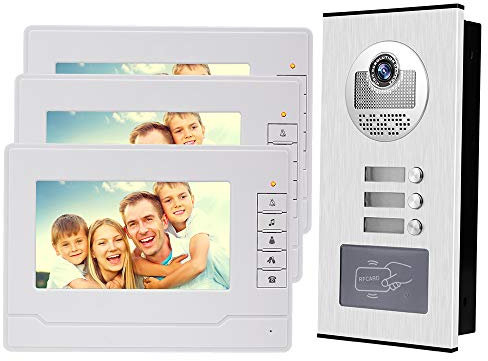 NN99 Interphone vidéo Kit interphone 7 sonneries avec interphone vidéo RFID, vision nocturne IR, jusqu'à 100 mètres (1 Camera + 3 Screens)