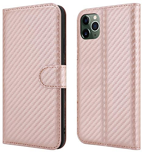 PIXFAB Leather Case For iPhone 11 (5.8) - Magnetic Closure Full Protection Book Design Wallet Cover with [Card Slots] and [Kickstand] For Apple iPhone 11 (5.8) - Rose Gold Carbon Wallet