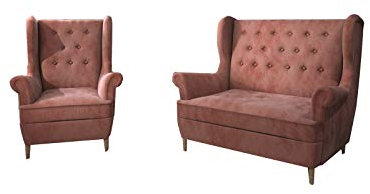 MOEBLO Couchgarnitur Ohrensofa 2 Sitzer + Sessel Sofa Garnitur Stoff Samt (Velour) Glamour Wohnlandschaft Chesterfield - Kros (Dunkelrosa (Kronos 29))