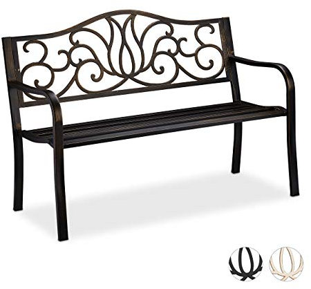 Relaxdays Gartenbank Antik 2 Personen, Balkon, Terrasse, Premium Rostschutz, Metallbank 90x127,5x63 cm, schwarz-bronze