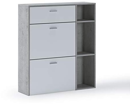 Skraut Home – Schuhschrank – 102 x 90 x 26 cm – Kapazität für 12 Paar Schuhe – 2 Flügeltüren + 1 Schublade – Windmodell – Zement/weißes Finish
