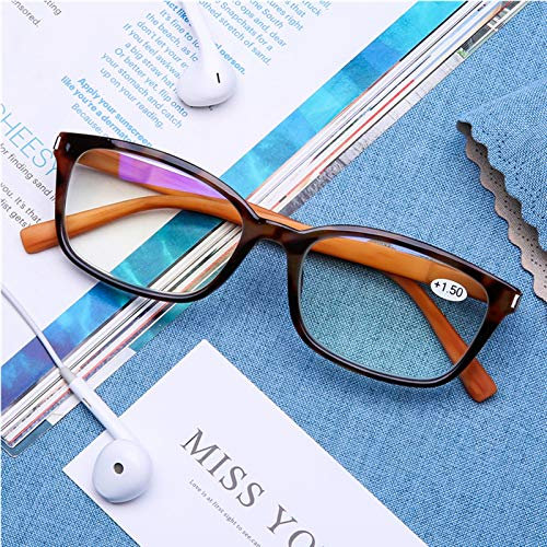 DOOViC Blaulichtfilter Computer Lesebrille Schildkröte/Rechteckig Rahmen Federscharnier Bambus Mustern Büegel Brille mit Stärke für Herren/Damen 2,0