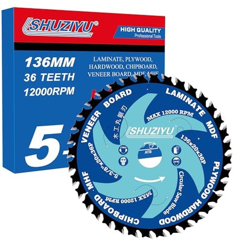 5-3/8”(136mm)-36T, Wood Working Circular Saw Blade, Arbor 20mm with 5/8-10mm Washer, Compatible with Cordless Saw, For Laminate, Veneer Board, Plywood, Hard wood, MDF and HDF Cutting