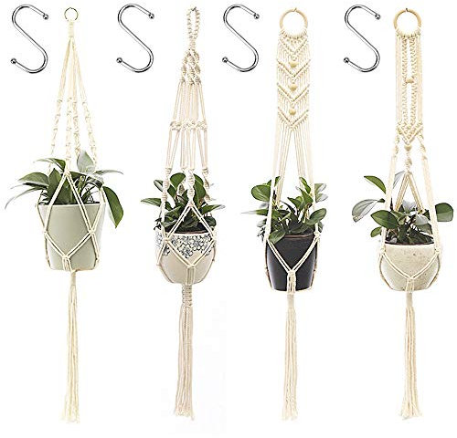 Kaxich 4Stk Makramee Blumenampel Pflanzenhanger Baumwollseil Pflanzen Halter Boho für Innen Außen Decken Balkone Wanddekoration Home Decor
