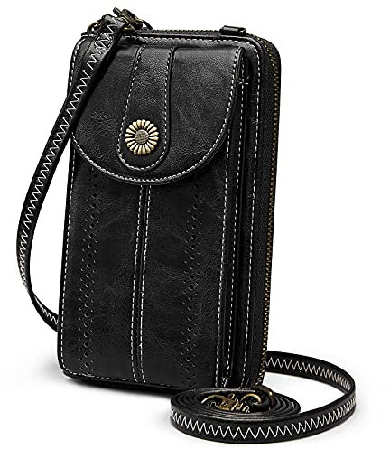 S-ZONE RFID Blocking 6.7 Inch Phone Purse Small Crossbody Bag PU Leather Cellphone Wallet Retro Hollow for Women Lady