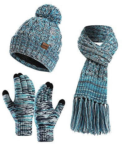 Mütze Schal Handschuhe Set Damen Winterset Dick Strickmütze Wintermütze Warme Schal und Handschuhe Bommelmütze für Frauen Beanie Mütze mit Kunstfell Bommel