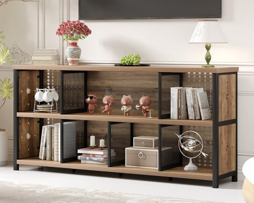 LVB Industrial Bookshelf with 8 Cube Storage Organizer, Long Horizontal Wood and Metal 4 Bookcase for Home Living Room Bedroom, Wide Large Modern 6 Cubby Book Shelves for Office, Rustic Oak, 160 CM