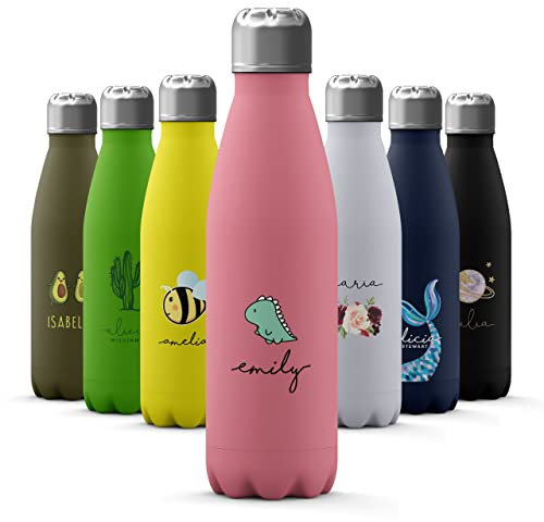 Tirita Personalised Water Bottle - Thermal Travel Flask for Hot & Cold Drinks - Insulated Stainless Steel Bottle - Gym, Office, School Drink Bottles - 500ml water bottle [29- Dinosaur Dino Kawaii]