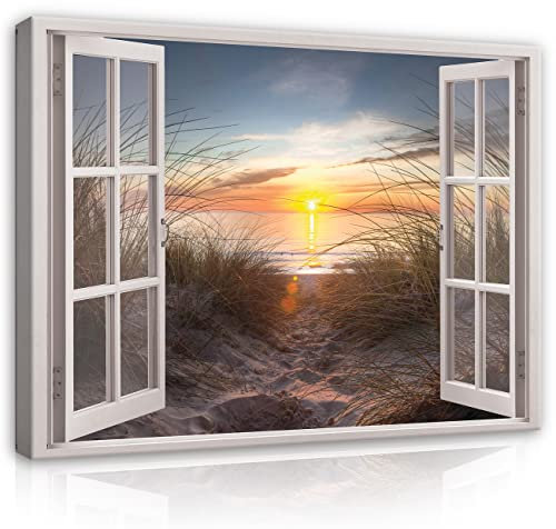 WallArena - Leinwand Bilder - Fensterbilck Strand Meer Nordsee Fenster - 100x75 cm Leinwandbilder Bild auf leinwand Wandbild XXL groß Wandbilder für Wohnzimmer Schlafzimmer Wohnzimmerbilder Modern