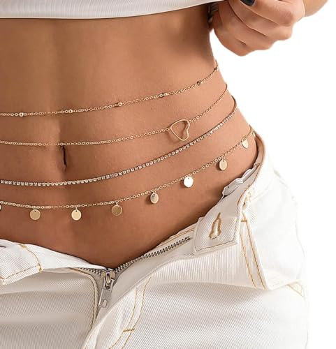 Carufin Multilayer Kristall Taillenkette Pfirsich Herz Pailletten Körperkette Stapelbar Bauchketten Sommer Strand Körper Accessoires Schmuck für Frauen und Mädchen (Gold)