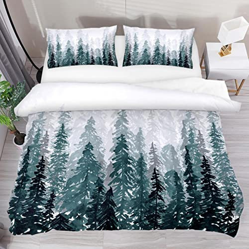 Weihnachts-Bettwäsche-Set mit klassischen Tannenbaum-Aquarell-Doppelbetten, weiche Tencel-Steppdecke mit Reißverschluss, pflegeleicht, 3 Stück (1 Bettbezug + 2 Kissenbezüge)