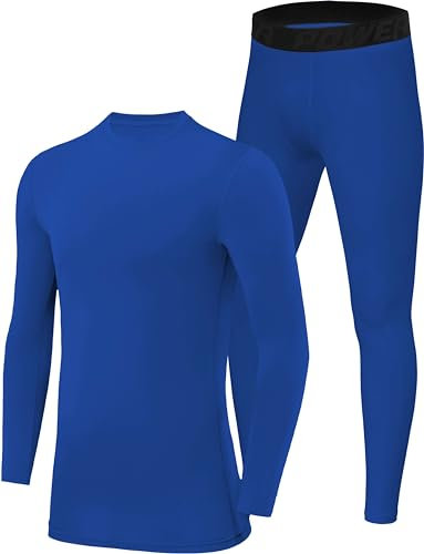 PowerLayer Skins for Boys Kids Base Layer Thermal Long Sleeve Top & Tights Football Compression Set - Dazzling Blue Top + Dazzling Blue Tights, 6-8 Years