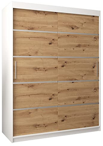 ABIKSMEBLE Verona - Armario con puertas correderas, 150 cm, con barra y estante, para dormitorio (blanco mate + roble artesanal)