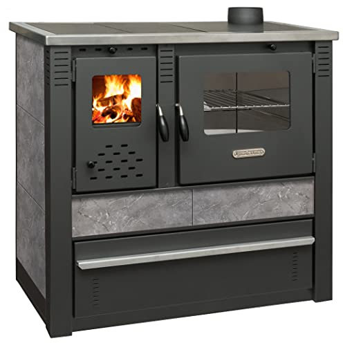 ProTermo Kaminofen Panonia Anthrazit mit Abzug rechts - 10,54 kW Heizleistung - 90x51x85 cm Holzofen mit Backfach, Thermometer und Herdplatte - ohne selbstschließender Tür - Bauart 2