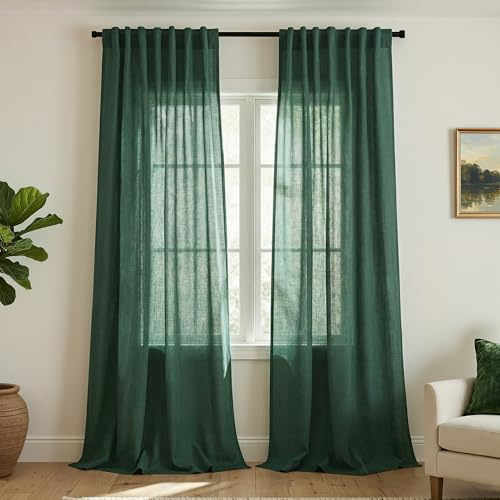 Leinenvorhänge für Wohnzimmer, Schlafzimmer, extra lang, lichtfilternde, leichte, halbtransparente Fenstervorhänge für Terrasse, hohe Decke, Balkon,274 cm lang, 2 Paneele, Smaragdgrüne