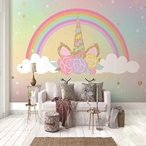 Papier Peint Panoramique Licorne Arc En Ciel 3D Poster Mural pour Salon Chambre Décoration Murale