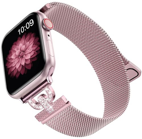 Faliogo Cinturino in metallo compatibile con Apple Watch 42 mm, 44 mm, 45 mm, 49 mm, da donna, in acciaio inossidabile con diamanti scintillanti, per Apple Watch SE/iWatch serie 9-1, rosa