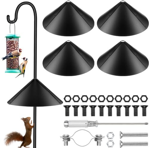 Domensi 4 Sets 43,2 cm Eichhörnchen-Leitblech für Vogelfutterstation, Außenstangenhalterung, Vogelhausschutz, Vogelfutterstation für Schäferhaken, verhindert Eichhörnchen, Waschbären (schwarz)