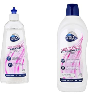 CARE + PROTECT Pack de limpieza para lavavajillas, Set de 2 productos: Gel Todo en Uno Detergente Potent, Neutralizador de Olores y Desengrasante de 750ml + Abrillantador Universal Ultra Shine, 500ml