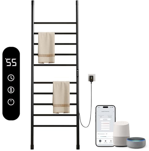 Seche Serviette Electrique, Seche Serviette sur Pied de Type échelle, Chauffe Serviette Salle de Bain, Warm Towel, Porte-Serviettes électrique, avec Minuterie&Température Réglable-WiFi Black Right