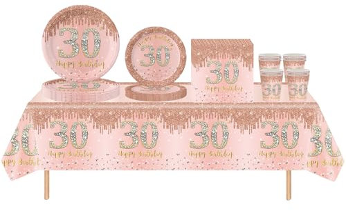 Rose Gold 69pc 30th Birthday Decorations - Tablecloth, Plates, Napkins & Cups for Him or Her