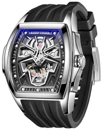 REEF TIGER Top Brand Black Panther Tonneau Mechanische Uhr, super Lumious Automatikuhr, Automatikuhr, wasserdicht, Gummi-Uhr für Herren, RGA3061-LEO, Rga3061-leo-ybb, Large, Armband