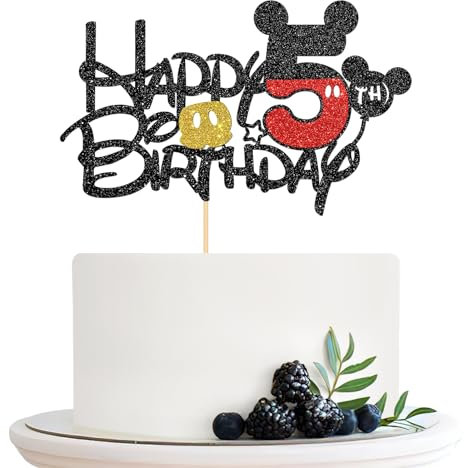 Halodete Mickey 5th Birthday Cake Topper Cartoon Maus Happy 5th Birthday Cake Topper Kinder Jungen Mädchen 5 Geburtstag Party Kuchen Dekorationen, Schwarz Glitzer
